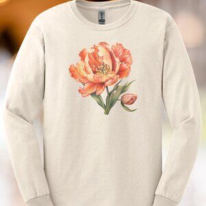 Orange Peony Flower Graphic Shirt Artistic Floral Design Cream Long Sleeve
